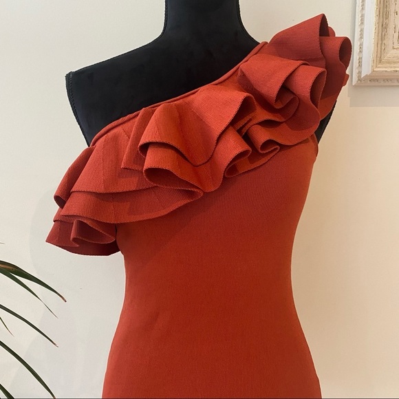 RODEO SHOW Ruffle Trim One Shoulder Viscose Rust Knit Top Blouse Stretch Size M - Picture 5 of 11